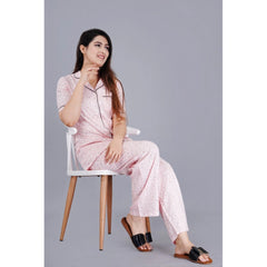 महिलाओं के लिए कैज़ुअल हाफ स्लीव प्रिंटेड विस्कोस रेयॉन शर्ट और पजामा पैंट नाइट सूट सेट (गुलाबी)
