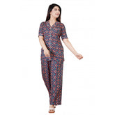 महिलाओं के लिए जेनेरिक कैज़ुअल हाफ स्लीव प्रिंटेड विस्कोस रेयॉन शर्ट और पजामा पैंट नाइट सूट सेट (नीला)