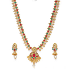 महिलाओं के लिए रोज़ गोल्ड प्लेटेड अलॉय नेकलेस और इयररिंग्स का सेट (हरा और लाल)
