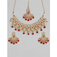 जेनेरिक महिलाओं का रोज़ गोल्ड प्लेटेड अलॉय नेकलेस और इयररिंग्स सेट (लाल)