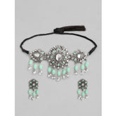 महिलाओं के लिए रोज़ गोल्ड प्लेटेड अलॉय नेकलेस और इयररिंग्स का सेट (हल्का हरा)