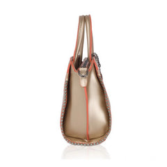 जेनरिक महिलाओं का फॉक्स लेदर मेटल बीड्स हैंडबैग (गोल्ड)