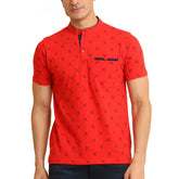 Generic Men's Casual Cotton Printed Mandarin Collar Half Sleeve T-Shirt (Red)