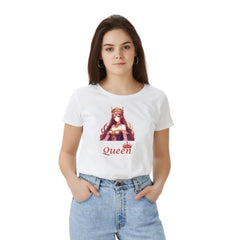 जेनरिक महिलाओं की पॉलिएस्टर सॉलिड प्रिंटेड राउंड नेक हाफ स्लीव टी-शर्ट (सफेद)