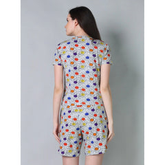 जेनरिक महिलाओं का कॉटन ब्लेंडेड प्रिंटेड राउंड नेक हाफ स्लीव टॉप - शॉर्ट्स सेट (ग्रे)