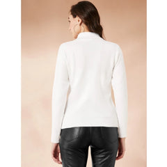 महिलाओं के लिए पॉलिएस्टर सॉलिड हाई नेक फुल स्लीव टी-शर्ट (सफेद)