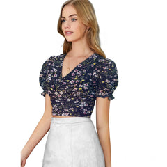 जेनरिक महिलाओं के लिए प्रिंटेड वी-नेक पफ स्लीव टॉप (नेवी ब्लू)