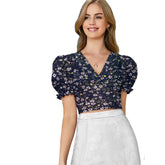 जेनरिक महिलाओं के लिए प्रिंटेड वी-नेक पफ स्लीव टॉप (नेवी ब्लू)