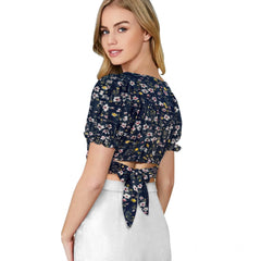 जेनरिक महिलाओं के लिए प्रिंटेड वी-नेक पफ स्लीव टॉप (नेवी ब्लू)