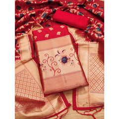 Generic Women's Banarasi Silk Printed Unstitched Salwar Suit Material With Dupatta (Red, 3Mtrs)
