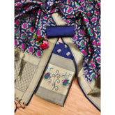 महिलाओं के लिए बनारसी सिल्क प्रिंटेड अनस्टिच्ड सलवार सूट मटेरियल दुपट्टे सहित (नेवी ब्लू, 3 मीटर)