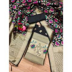 महिलाओं के लिए बनारसी सिल्क प्रिंटेड अनस्टिच्ड सलवार सूट मटेरियल दुपट्टे सहित (काला, 3 मीटर)