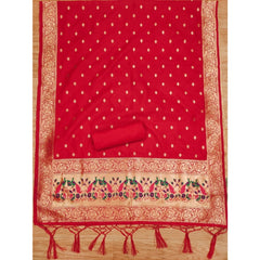 महिलाओं के लिए बनारसी सिल्क प्रिंटेड अनस्टिच्ड सलवार सूट मटेरियल दुपट्टे सहित (लाल, 3 मीटर)