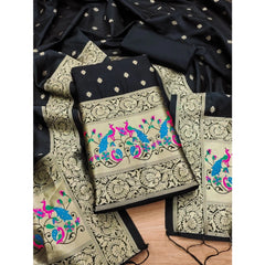 महिलाओं के लिए बनारसी सिल्क प्रिंटेड अनस्टिच्ड सलवार सूट मटेरियल दुपट्टे सहित (काला, 3 मीटर)