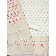 महिलाओं के लिए बनारसी सिल्क प्रिंटेड अनस्टिच्ड सलवार सूट मटेरियल दुपट्टे सहित (सफेद, 3 मीटर)