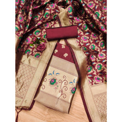 Generic Women's Banarasi Silk Printed Unstitched Salwar Suit Material With Dupatta (Maroon, 3Mtrs)