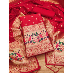 महिलाओं के लिए बनारसी सिल्क प्रिंटेड अनस्टिच्ड सलवार सूट मटेरियल दुपट्टे सहित (लाल, 3 मीटर)