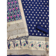 महिलाओं के लिए बनारसी सिल्क प्रिंटेड अनस्टिच्ड सलवार सूट मटेरियल दुपट्टे सहित (नेवी ब्लू, 3 मीटर)