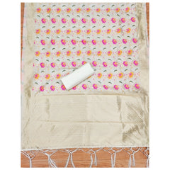 महिलाओं के लिए बनारसी सिल्क प्रिंटेड अनस्टिच्ड सलवार सूट मटेरियल दुपट्टे सहित (सफेद, 3 मीटर)