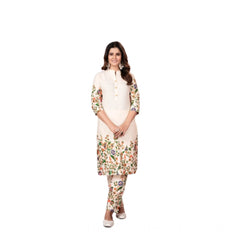 Generic Women's Cotton Printed 3/4th Sleeve Kurti With Pant (Cream )