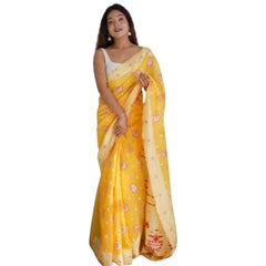 Generic Women's Cotton Printed Saree With Unstitched Blouse 5.5Mtr (Yellow)