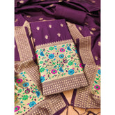 महिलाओं के लिए बनारसी सिल्क प्रिंटेड अनस्टिच्ड सलवार सूट मटेरियल दुपट्टे सहित (वाइन कलर, 3 मीटर)