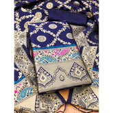 महिलाओं के लिए बनारसी सिल्क प्रिंटेड अनस्टिच्ड सलवार सूट मटेरियल दुपट्टे सहित (नेवी ब्लू, 3 मीटर)