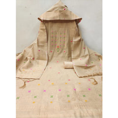 महिलाओं के लिए बनारसी सिल्क प्रिंटेड अनस्टिच्ड सलवार सूट मटेरियल दुपट्टे सहित (क्रीम रंग, 3 मीटर)