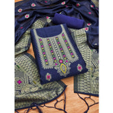 महिलाओं के लिए बनारसी सिल्क प्रिंटेड अनस्टिच्ड सलवार सूट मटेरियल दुपट्टे सहित (नेवी ब्लू, 3 मीटर)