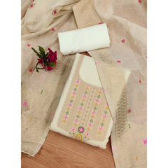 महिलाओं के लिए बनारसी सिल्क प्रिंटेड अनस्टिच्ड सलवार सूट मटेरियल दुपट्टे सहित (सफेद, 3 मीटर)