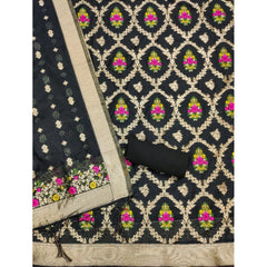 महिलाओं के लिए बनारसी सिल्क प्रिंटेड अनस्टिच्ड सलवार सूट मटेरियल दुपट्टे सहित (काला, 3 मीटर)