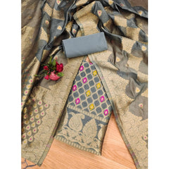 महिलाओं के लिए बनारसी सिल्क प्रिंटेड अनस्टिच्ड सलवार सूट मटेरियल दुपट्टे सहित (ग्रे, 3 मीटर)