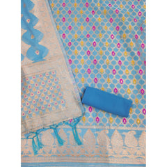 महिलाओं के लिए बनारसी सिल्क प्रिंटेड अनस्टिच्ड सलवार सूट मटेरियल दुपट्टे सहित (आसमानी नीला, 3 मीटर)