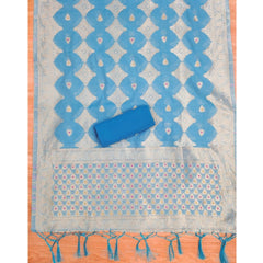 महिलाओं के लिए बनारसी सिल्क प्रिंटेड अनस्टिच्ड सलवार सूट मटेरियल दुपट्टे सहित (आसमानी नीला, 3 मीटर)