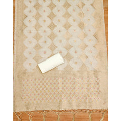 महिलाओं के लिए बनारसी सिल्क प्रिंटेड अनस्टिच्ड सलवार सूट मटेरियल दुपट्टे सहित (सफेद, 3 मीटर)