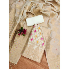 महिलाओं के लिए बनारसी सिल्क प्रिंटेड अनस्टिच्ड सलवार सूट मटेरियल दुपट्टे सहित (सफेद, 3 मीटर)