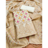 महिलाओं के लिए बनारसी सिल्क प्रिंटेड अनस्टिच्ड सलवार सूट मटेरियल दुपट्टे सहित (सफेद, 3 मीटर)