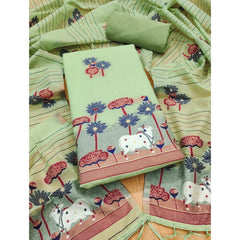 महिलाओं के लिए बनारसी सिल्क प्रिंटेड अनस्टिच्ड सलवार सूट मटेरियल दुपट्टे के साथ (पिस्ता, 3 मीटर)