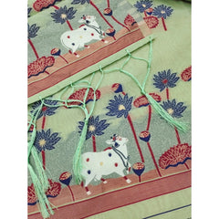 महिलाओं के लिए बनारसी सिल्क प्रिंटेड अनस्टिच्ड सलवार सूट मटेरियल दुपट्टे के साथ (पिस्ता, 3 मीटर)