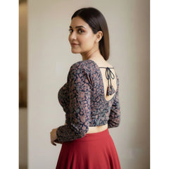 जेनरिक महिलाओं का अजराख कॉटन प्रिंटेड वी-नेक पैडेड ब्लाउज (नेवी रंग, साइज 38, रेडी (सेल्फ ऑल्टरेबल साइज 36-40))