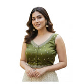 जेनरिक विमेंस ज़िम्मी चू सेक्विन वर्क वी-नेक पैडेड ब्लाउज़ (ओलिव 38 रेडी (सेल्फ ऑल्टरेबल 36–40))