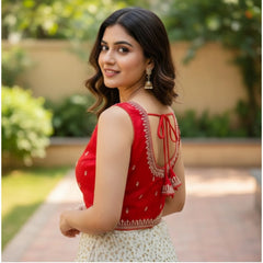 जेनरिक विमेंस ज़िम्मी चू सेक्विन वर्क वी-नेक पैडेड ब्लाउज़ (लाल रंग, साइज़ 38, रेडी (सेल्फ ऑल्टरेबल 36–40))