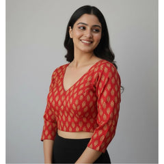 जेनेरिक महिलाओं का अजराख कॉटन प्रिंटेड हॉल्टर नेक पैडेड ब्लाउज (लाल रंग, साइज 38, तैयार (स्वयं द्वारा आकार परिवर्तन योग्य 36-40))