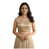 जेनरिक विमेंस ज़िम्मी चू एम्ब्रॉयडर्ड वी-नेक पैडेड ब्लाउज़ (बेज रंग, साइज़ 38, रेडी (सेल्फ ऑल्टरेबल साइज़ 36–40))