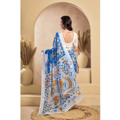Generic Women's Faux_Linen Printed Ready-to-Wear Saree With Unstitched Blouse 5.5 Mtr (Blue)