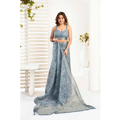 Generic Women's Faux_Linen Printed Ready-to-Wear Saree With Unstitched Blouse 5.5 Mtr (Light_Blue)