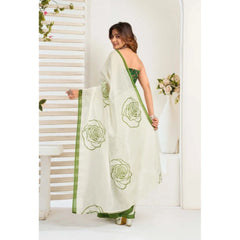 Generic Women's Faux_Linen Printed Ready-to-Wear Saree With Unstitched Blouse 5.5 Mtr (White)