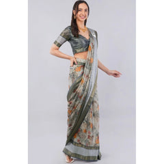 Generic Women's Polyester Printed Ready To Wear Saree With Unstitched Blouse 5.5 Mtr (Light Grey)
