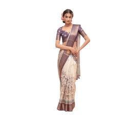 Generic Women's Polyester Printed Saree With Unstitched Blouse 5.5 Mtr (Off-White)