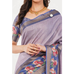 Generic Women's Polyester Printed Saree With Unstitched Blouse 5.5 Mtr (Purple)